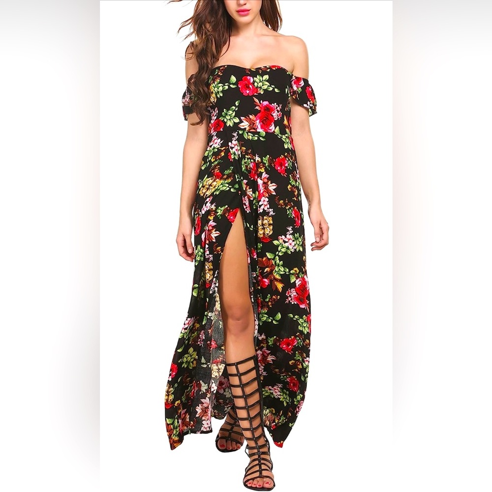Off Shoulder Side Slit Floral Maxi Dress